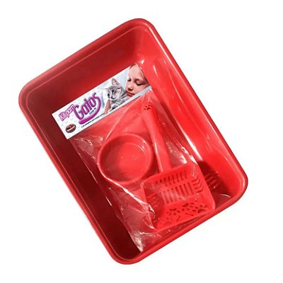 Kit para Gatos 3 Peças Bandeja Pá Higiênica e Comedouro Vermelho Furacão Pet