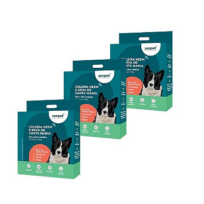 Kit com 3 Coleiras Naturais com Neem e Erva-Santa-Maria para Cães Médios | Zenpet