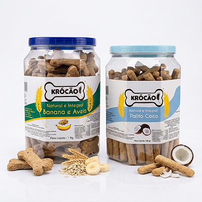 Kit c/ 2 Potes de Biscoitos Crocantes Sabores Banana e Coco Natural | Krocão