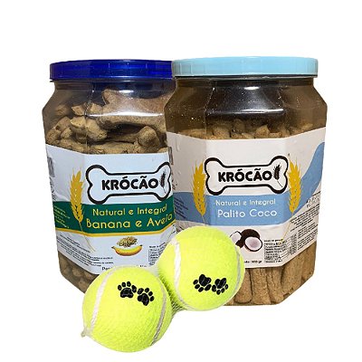 2 Potes de Biscoitos Naturais e 2 Bolinhas de Tênis para Cães – Krocão e Chalesco