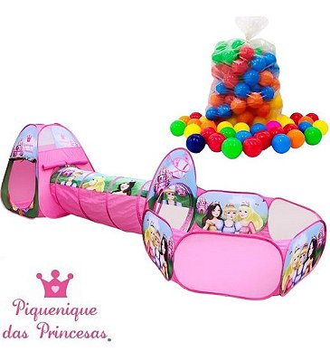 Toca Infantil Princesas Rosa Fashion 3 Em 1 Com Túnel + 100 bolas coloridas