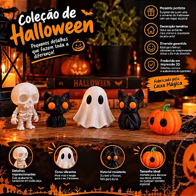 Kit Decoração Halloween | Miniatura Fantasma, Caveira, Gatinho, Morcego e Abóbora