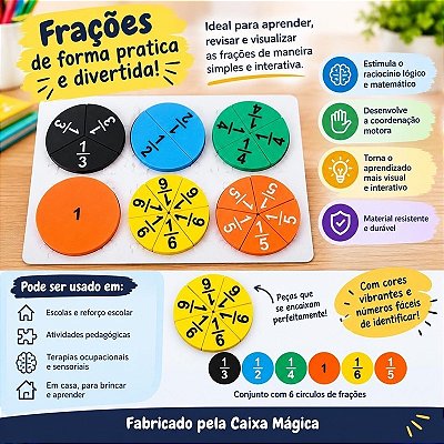Jogo Educativo de Frações em Caixa Presente para Crianças Estimula Raciocínio Lógico