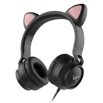 Fone De Ouvido Headset Kitty Ear - Orelha De Gato Preto Com Microfone Cabo 1.2M Plug P2 Estereo P3 - Ke100P [F018]