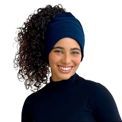 Touca de Inverno 3 em 1 com Cetim - Azul Marinho - Super Cacheada