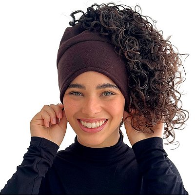 Touca de Inverno 3 em 1 com Cetim - Café - Super Cacheada