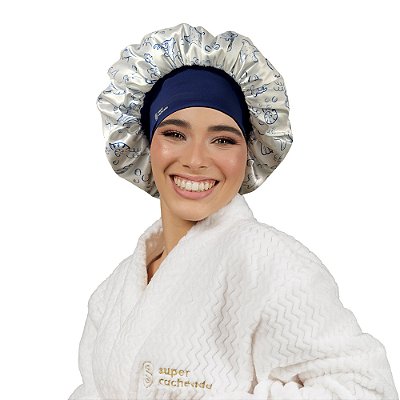 Touca de Cetim Premium Antifrizz Dupla Face Aba Flexível Pérolas do Mar - Super Cacheada