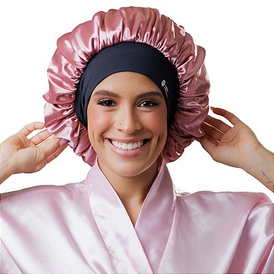 Touca De Cetim Premium Antifrizz Dupla Face Aba Flexível Rosé - Super Cacheada
