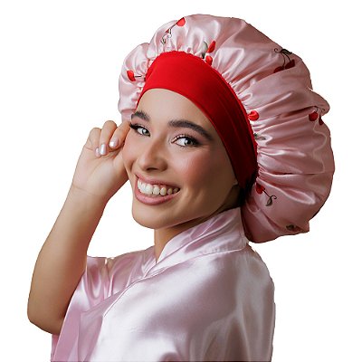 Touca de Cetim Premium Antifrizz Dupla Face Aba Flexível Cerejinha - Super Cacheada