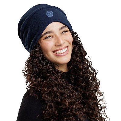 Touca de Inverno com Cetim Bordada Aconchego - Azul Marinho - Super Cacheada