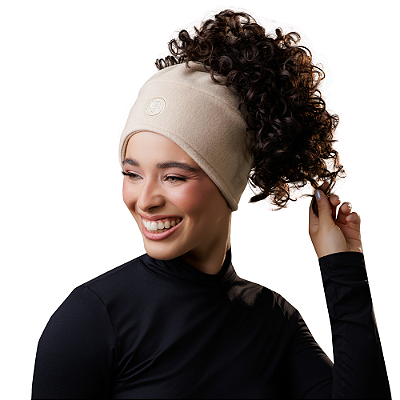 Touca de Inverno 3 em 1 com Cetim Bordada Aconchego - Bege - Super Cacheada