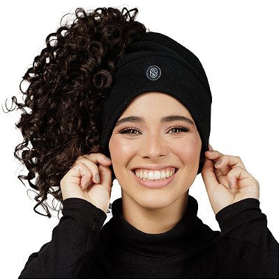 Touca de Inverno 3 em 1 com Cetim Bordada Aconchego - Preta - Super Cacheada