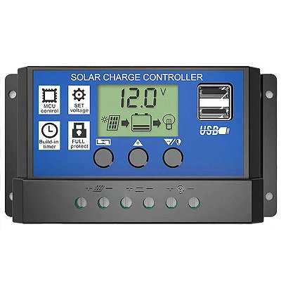 Controlador de Carga PWM 10A 12/24V lcd com usb duplo