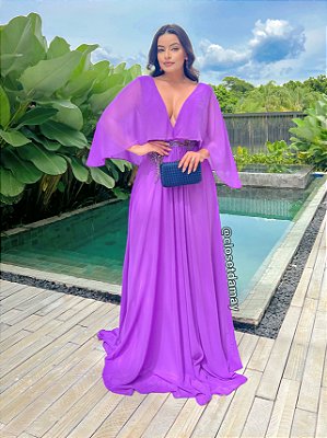 Vestido de festa longo, com fenda e bordado em pedraria -  Roxo