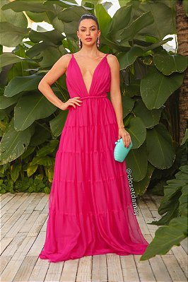 Vestido de festa longo, em tule com decote v e saia em camadas - Rosa Pink