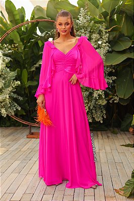 Vestido de festa longo, com manga longas removíveis e fluidas com babados - Rosa Pink