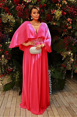 Vestido de festa longo, com fenda e bordado em pedraria -  Rosa Pink