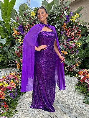 Vestido de festa longo plus size, em paetê com capa - Roxo