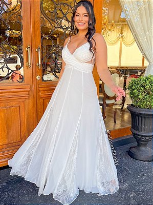 Vestido de noiva longo, com alças finas com decote v - Off White