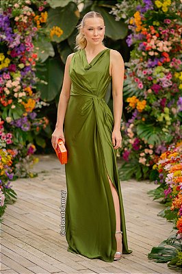 Vestido de festa longo, com fenda e decote nas costas - Verde Oliva