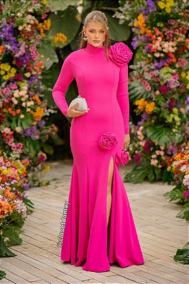 Vestido de festa longo, sereia com aplicação de flores - Rosa Pink