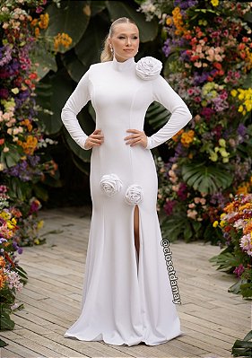 Vestido de noiva longo, sereia com aplicação de flores - Off White