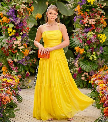 Vestido de festa com busto drapeado , alças macramê e amarração nas costas - Amarelo