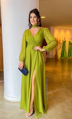 Vestido de festa longo, com manga longa em lurex - Verde Oliva