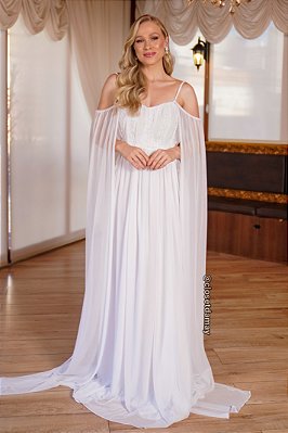 Vestido de noiva longo, Plus Size  com alça e capa - Branco
