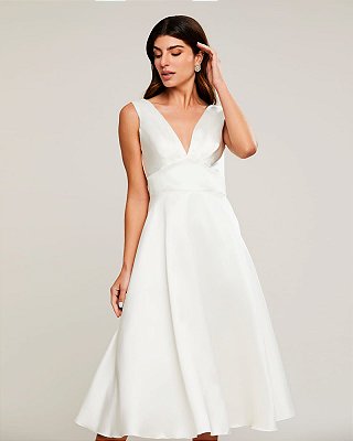 Vestido de noiva midi, zibeline com decote v - Off White