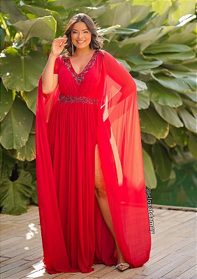 Vestido de festa plus size longo, com bordado em pedraria - Vermelho
