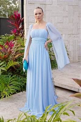 Vestido de festa longo, com capa e busto bordado em pedraria - Azul Serenity