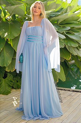 Vestido de festa longo, com capa e busto bordado em pedraria - Azul Serenity