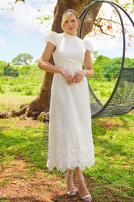 Vestido de noiva midi, manga curta em detalhe em renda - Off White