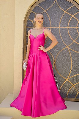 Vestido de festa longo, em zibeline decote quadrado e faixa removível - Rosa Pink