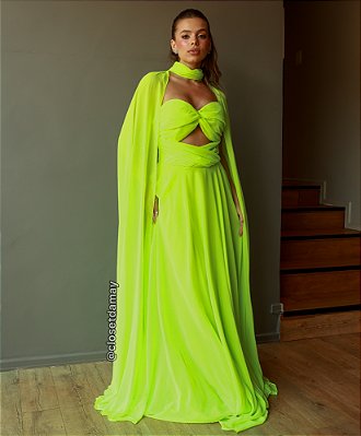 Vestido de festa longo, tomara que caia, com decote no busto e capa removível - Verde Lima