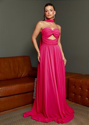 Vestido de festa longo, tomara que caia, com decote no busto e capa removível - Rosa Pink