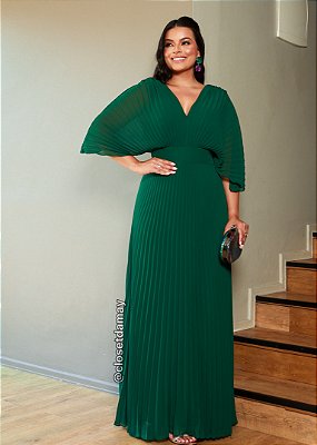 Vestido de festa longo, com decote v ,plissado - Verde Esmeralda