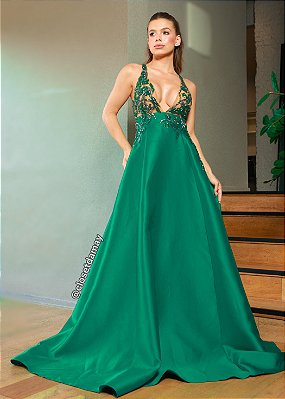 Vestido de festa longo, zibeline com bordado em pedraria - Verde Esmeralda