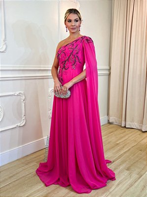 Vestido de festa longo, nula manga com capa e bordado em pedraria - Rosa Pink
