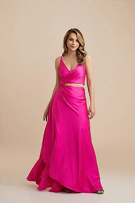 Vestido de festa longo, com saia transpassada, recorte na cintura, alças e busto cruzado - Rosa Pink