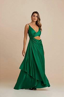 Vestido de festa longo, com saia transpassada, recorte na cintura, alças e busto cruzado - Verde Esmeralda