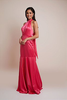 Vestido de festa longo, frente única, sereia com detalhes no busto e amarração no pescoço - Rosa Pink