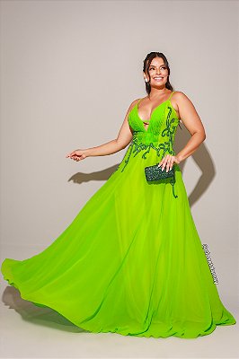 Vestido de festa longo, alças finas com decote v -  Verde Lima