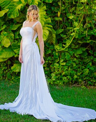 Vestido de noiva longo, sereia com tule na lateral e detalhe na saia - Off White