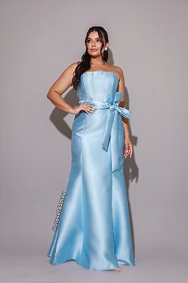Vestido de festa longo, em zibeline, modelagem sereia, tomara que caia - Azul Serenity