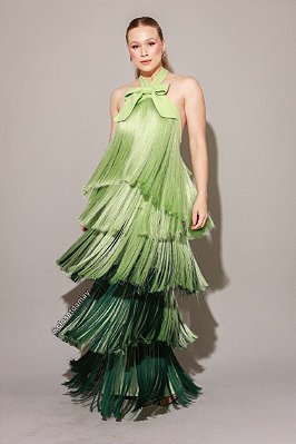 Vestido de festa longo, frente única e saias em franja em degrade - Verde Menta