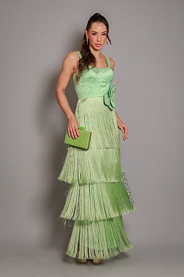 Vestido de festa longo, em franja com cinto removível - Verde Menta