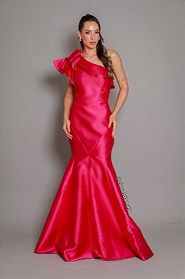 Vestido de festa longo, zibeline, modelagem sereia e nula manga - Rosa Pink