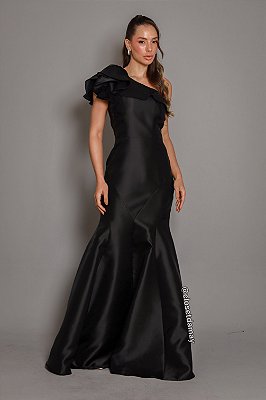 Vestido de festa longo, zibeline, modelagem sereia e nula manga - Preto